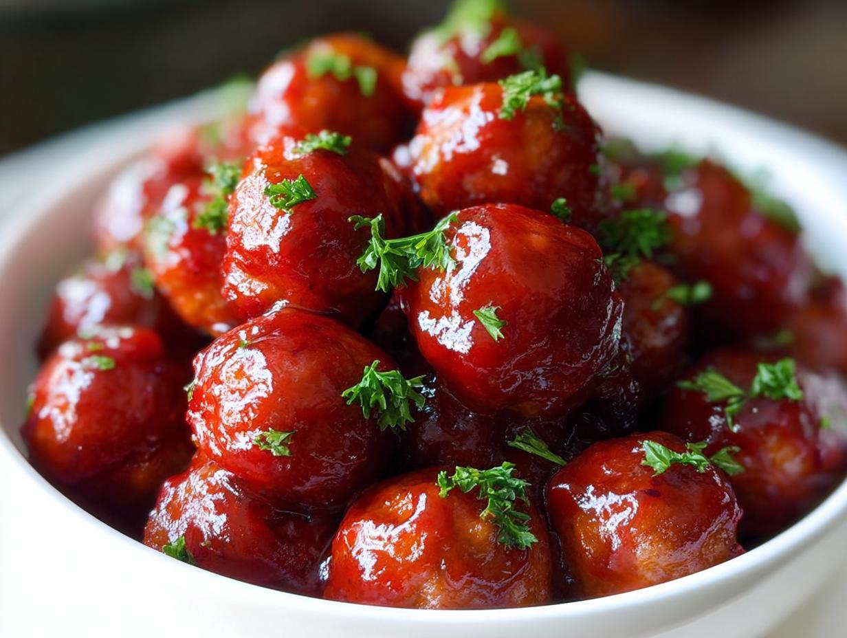 A bowl full of glistening Christmas Cranberry Meatballs coated in a rich, red sauce and garnished with fresh parsley.