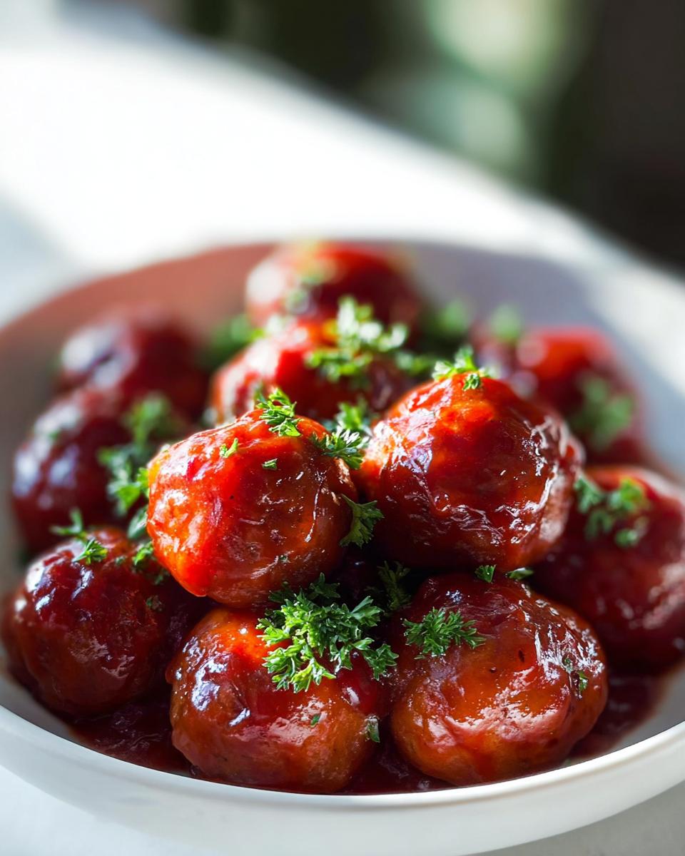 A close-up of Christmas Cranberry Meatballs glazed in a rich sauce and topped with fresh parsley.
