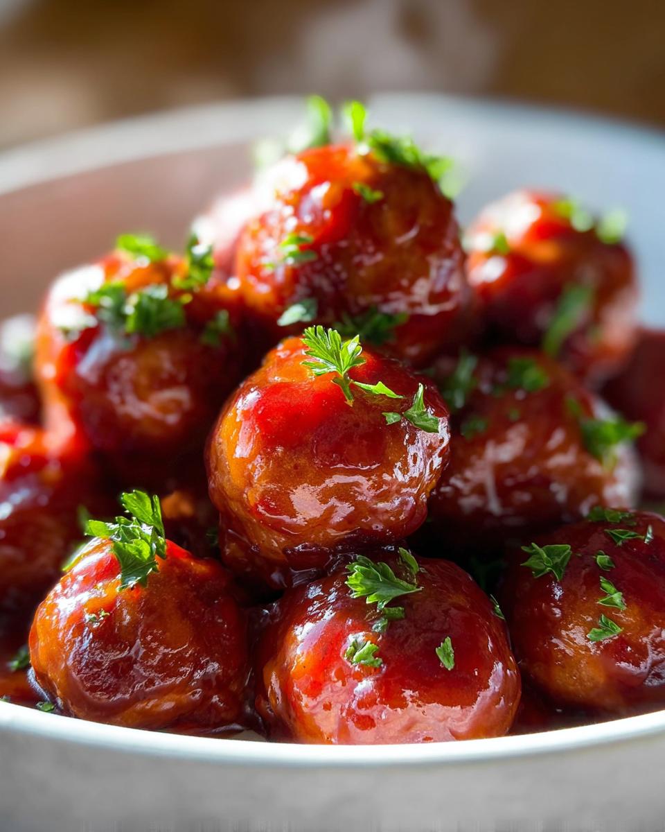 Close-up of glistening Christmas Cranberry Meatballs coated in a rich, red glaze and garnished with fresh parsley.