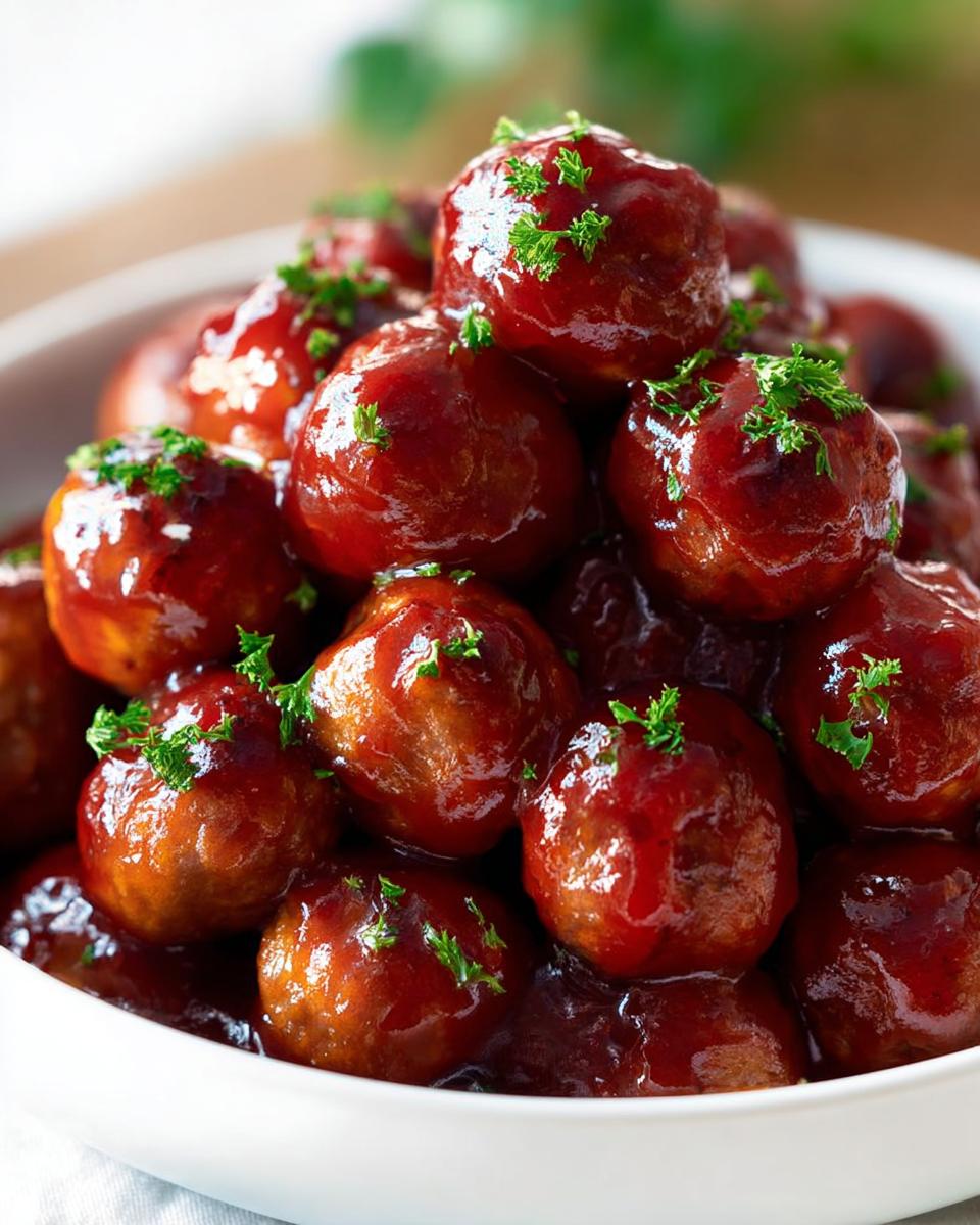 A close-up of a bowl filled with glistening Christmas Cranberry Meatballs coated in a rich, dark glaze and sprinkled with fresh parsley.