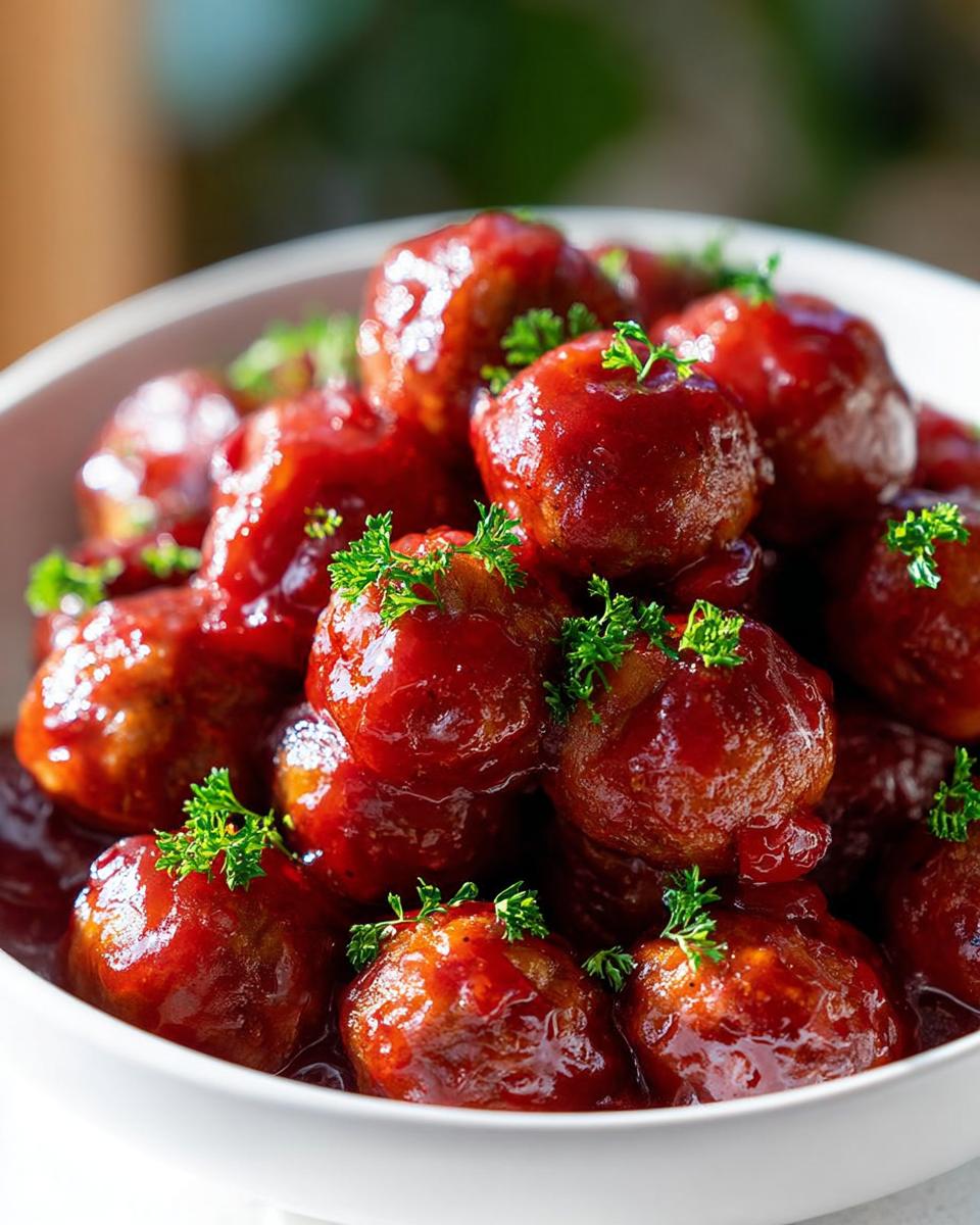 A bowl overflowing with glistening Christmas Cranberry Meatballs coated in a rich, red sauce and garnished with fresh parsley.