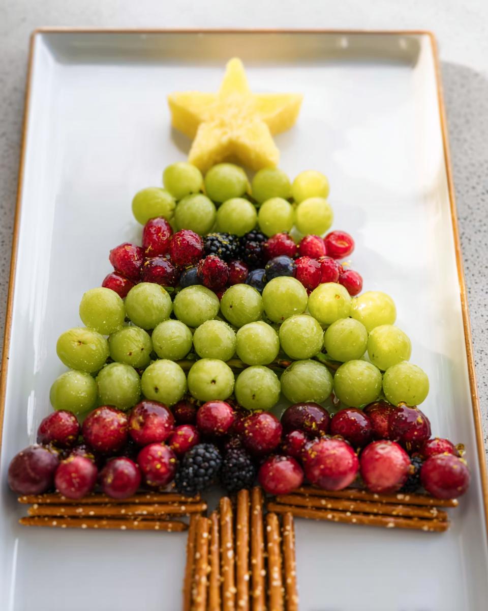 A festive Christmas Tree Fruit Platter made with green grapes, red berries, blackberries, and a starfruit topper, arranged on pretzel sticks.