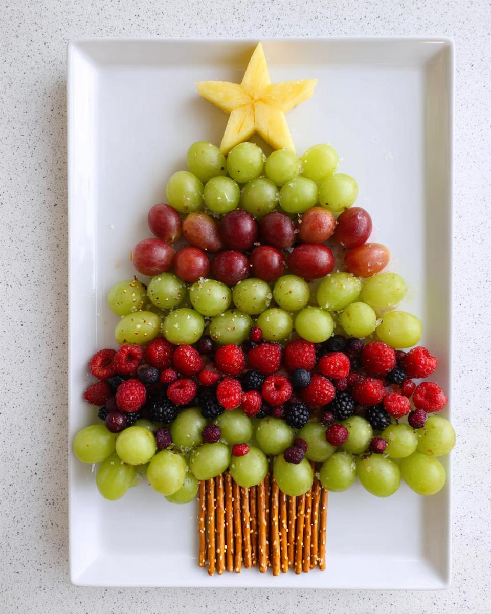 A festive Christmas Tree Fruit Platter made with green and red grapes, mixed berries, and a starfruit topper.