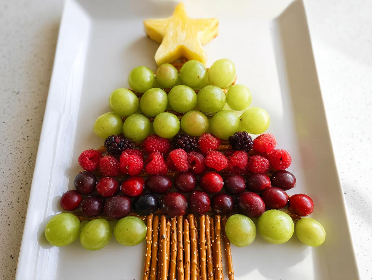 A visually appealing Christmas Tree Fruit Platter made with green grapes, raspberries, blackberries, and cherries, topped with a pineapple star.