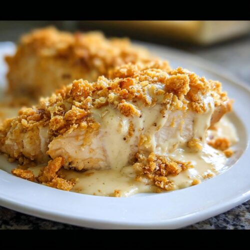 A close-up of a juicy Classic Roasted Chicken Dinner piece, covered in crispy crumbs and creamy sauce.