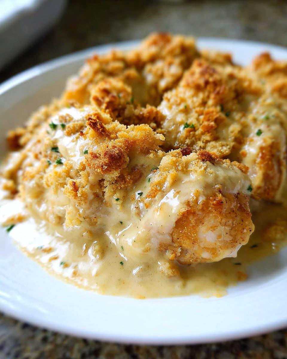 Close-up of a Classic Roasted Chicken Dinner, featuring tender chicken pieces coated in a creamy sauce and topped with crispy breadcrumbs.