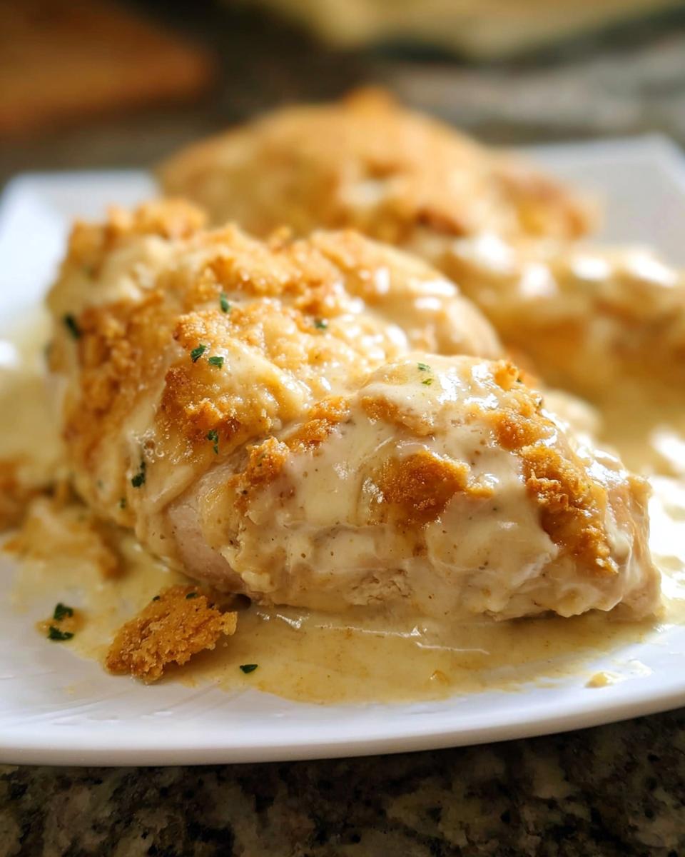 Close-up of a juicy Classic Roasted Chicken Dinner breast topped with crispy breadcrumbs and creamy sauce.