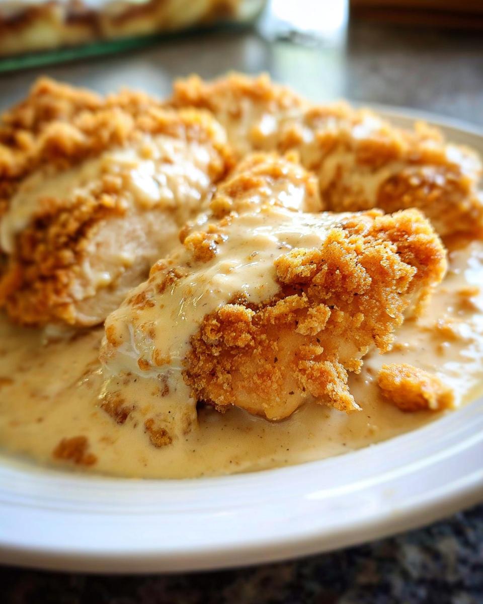 Close-up of crispy fried chicken pieces covered in creamy gravy, part of a Classic Roasted Chicken Dinner.