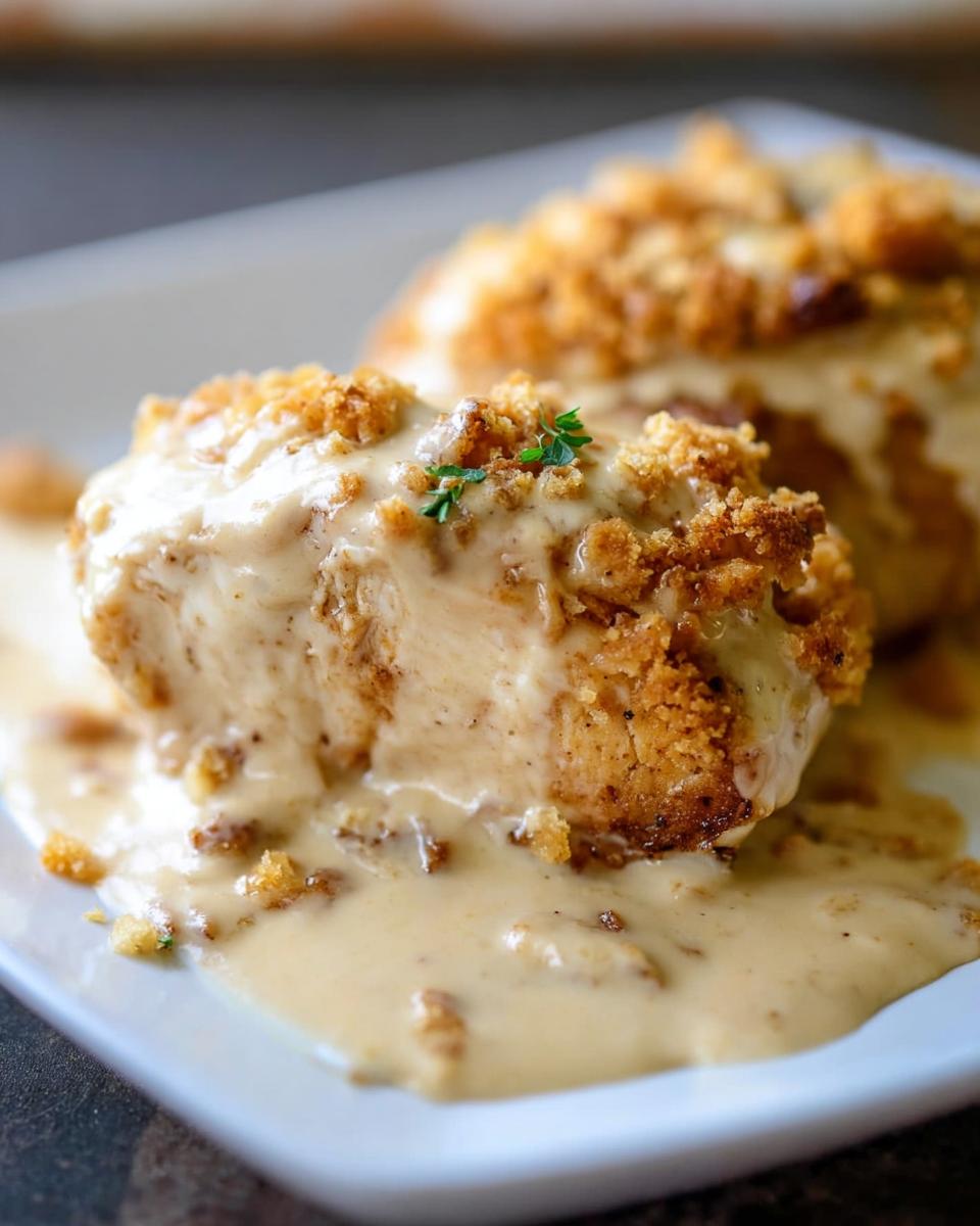 A close-up of a juicy Classic Roasted Chicken Dinner cutlet, topped with creamy gravy and breadcrumbs, garnished with a sprig of thyme.