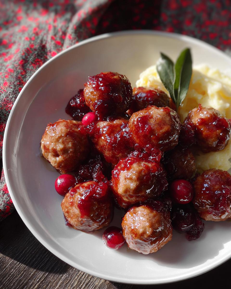 A close-up of Cranberry Glazed Turkey Meatballs served with mashed potatoes and garnished with fresh cranberries and sage leaves.