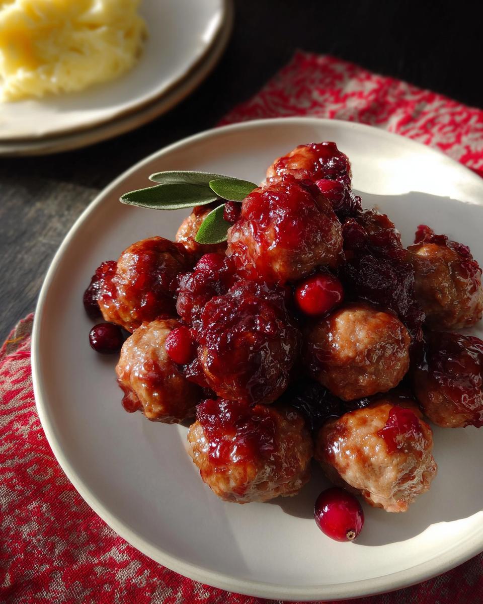 A plate of juicy Cranberry Glazed Turkey Meatballs, glistening with sauce and garnished with fresh cranberries and sage leaves.