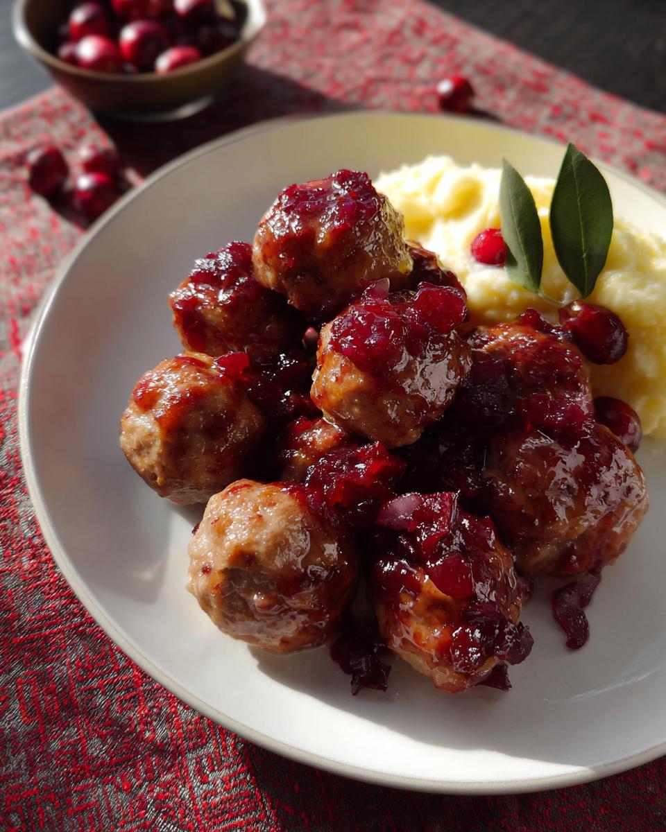 A plate of juicy Cranberry Glazed Turkey Meatballs served with mashed potatoes and garnished with sage leaves.