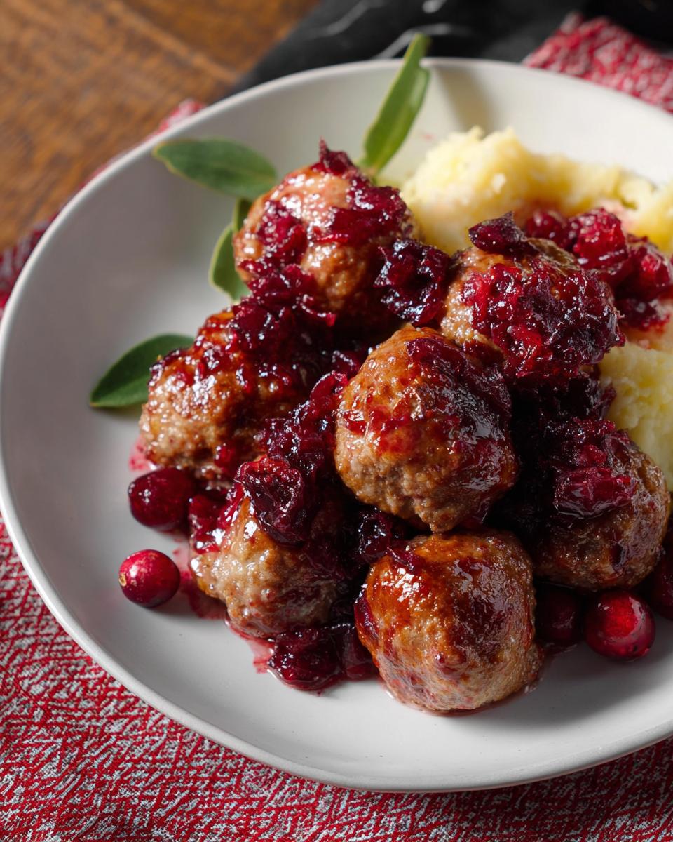 A close-up of juicy Cranberry Glazed Turkey Meatballs served with mashed potatoes and fresh cranberries.