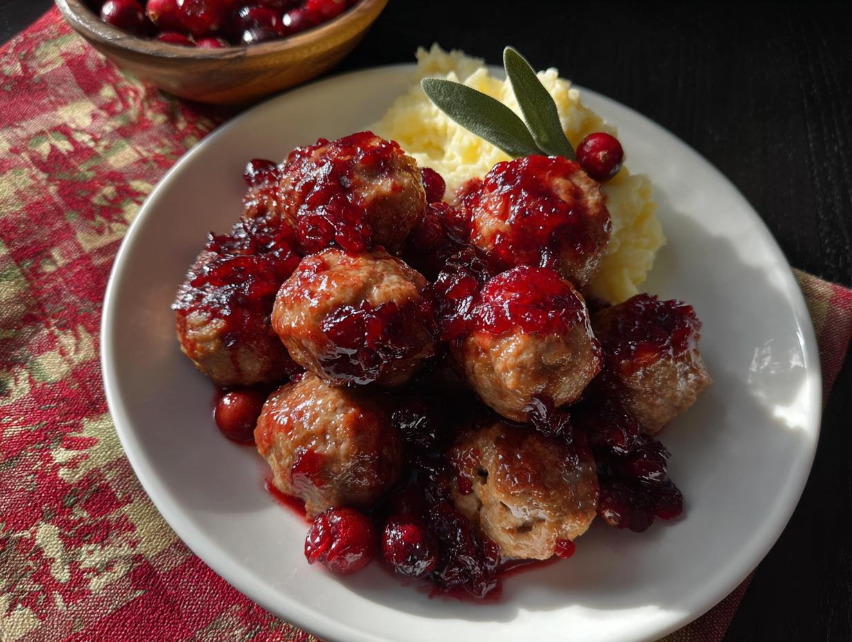 A plate of juicy cranberry glazed turkey meatballs served over mashed potatoes, garnished with cranberries and sage.