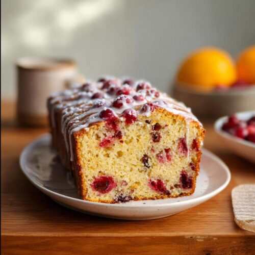 A slice of moist Cranberry Orange Loaf Cake topped with white icing and fresh cranberries.