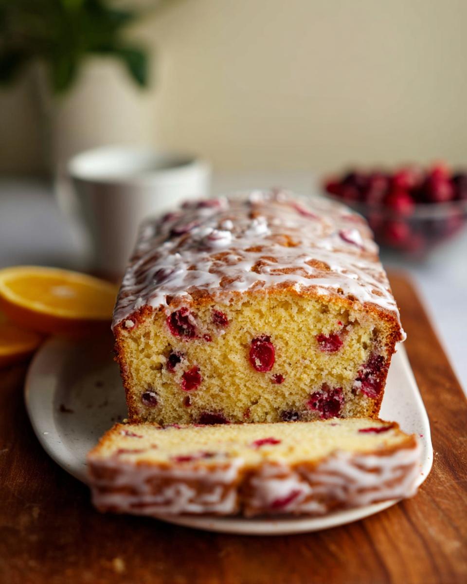 A slice of moist Cranberry Orange Loaf Cake with a sweet glaze and visible cranberries throughout.