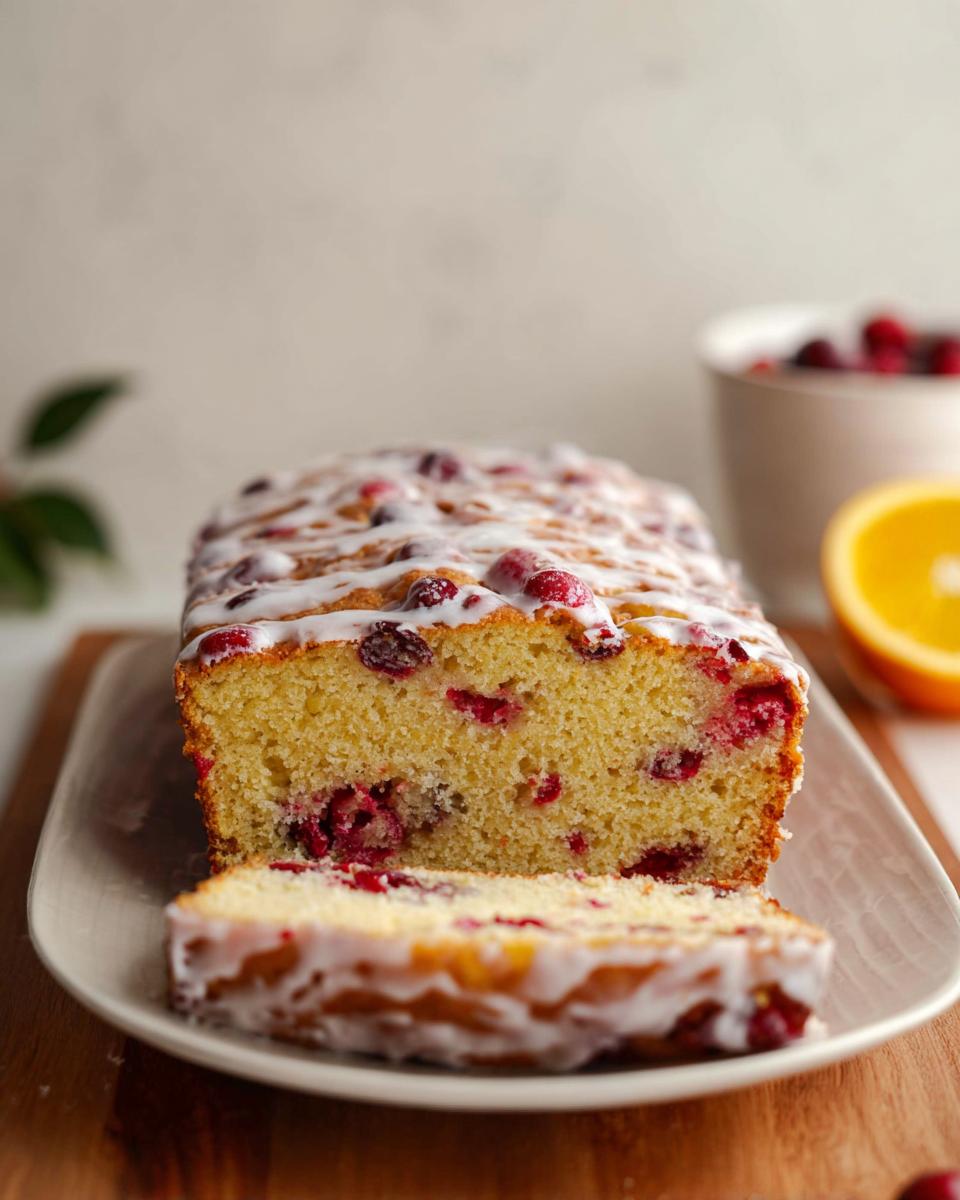 A slice of moist Cranberry Orange Loaf Cake topped with a sweet glaze and studded with fresh cranberries.