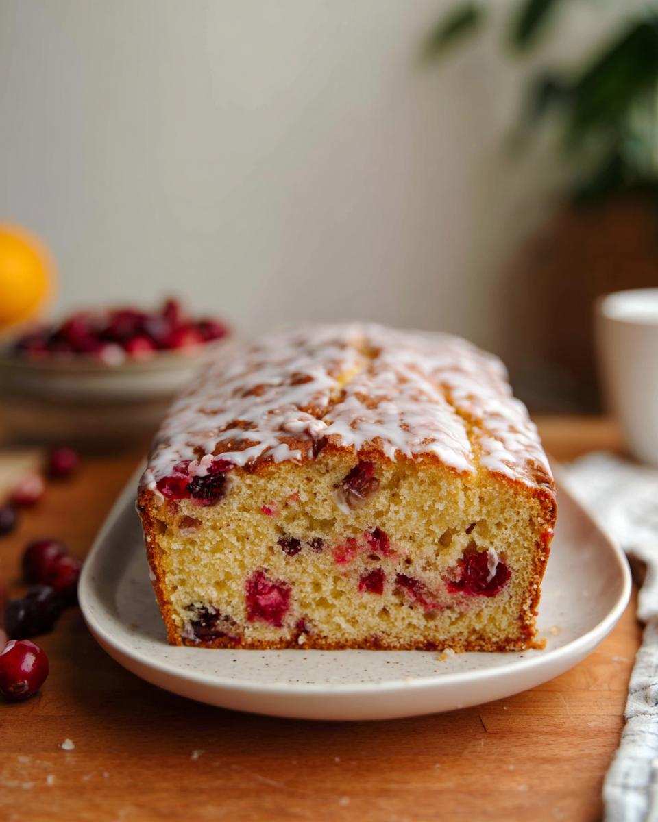 A slice of moist Cranberry Orange Loaf Cake with a white glaze, studded with fresh cranberries.