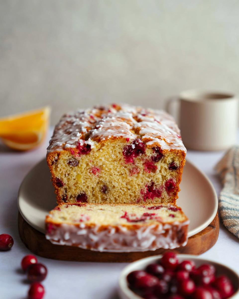 A slice of moist Cranberry Orange Loaf Cake with a drizzle of icing and visible cranberries.