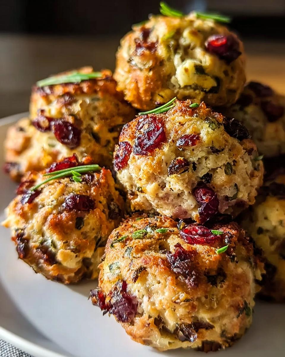 A close-up of golden-brown Cranberry Turkey Stuffing Balls, studded with dried cranberries and garnished with rosemary.
