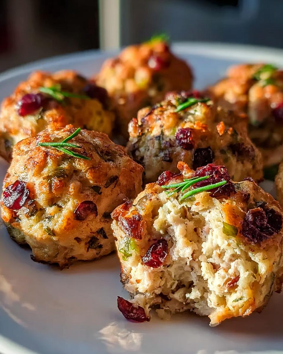 A close-up of golden-brown Cranberry Turkey Stuffing Balls on a white plate, one with a bite taken out.