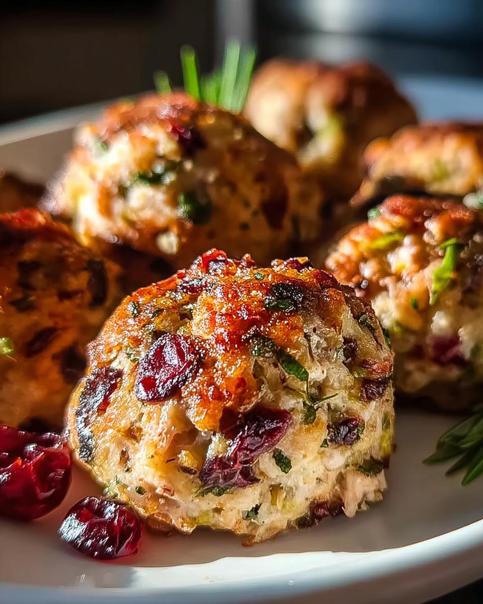 Close-up of golden-brown Cranberry Turkey Stuffing Balls, studded with dried cranberries and fresh herbs.
