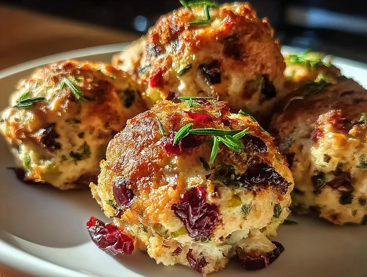 Close-up of golden-brown Cranberry Turkey Stuffing Balls garnished with fresh rosemary and dried cranberries.