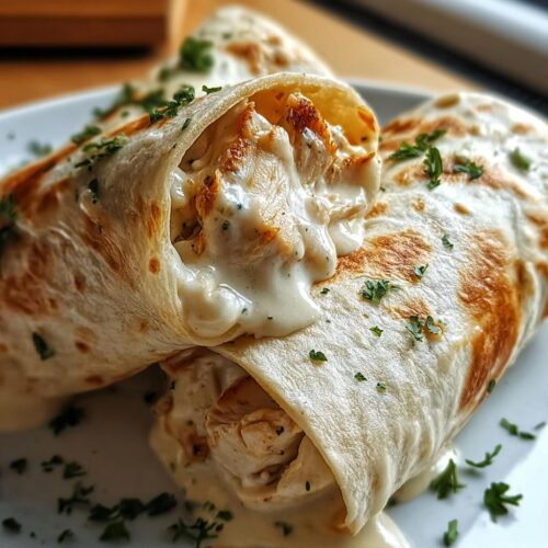Close-up of Creamy Alfredo Garlic Chicken Wraps filled with tender chicken and rich sauce, garnished with parsley.