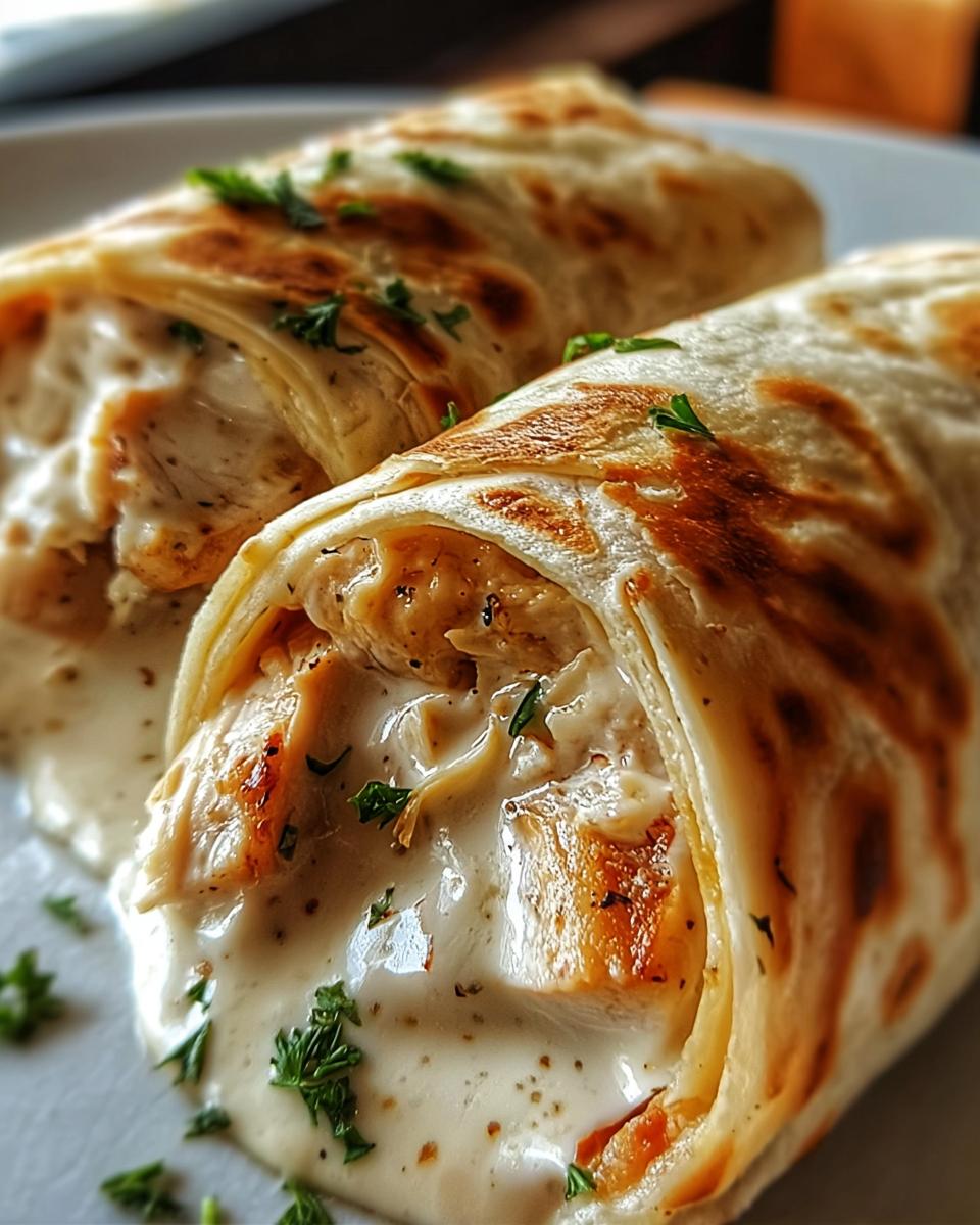 Close-up of two Creamy Alfredo Garlic Chicken Wraps filled with tender chicken and rich sauce, garnished with parsley.