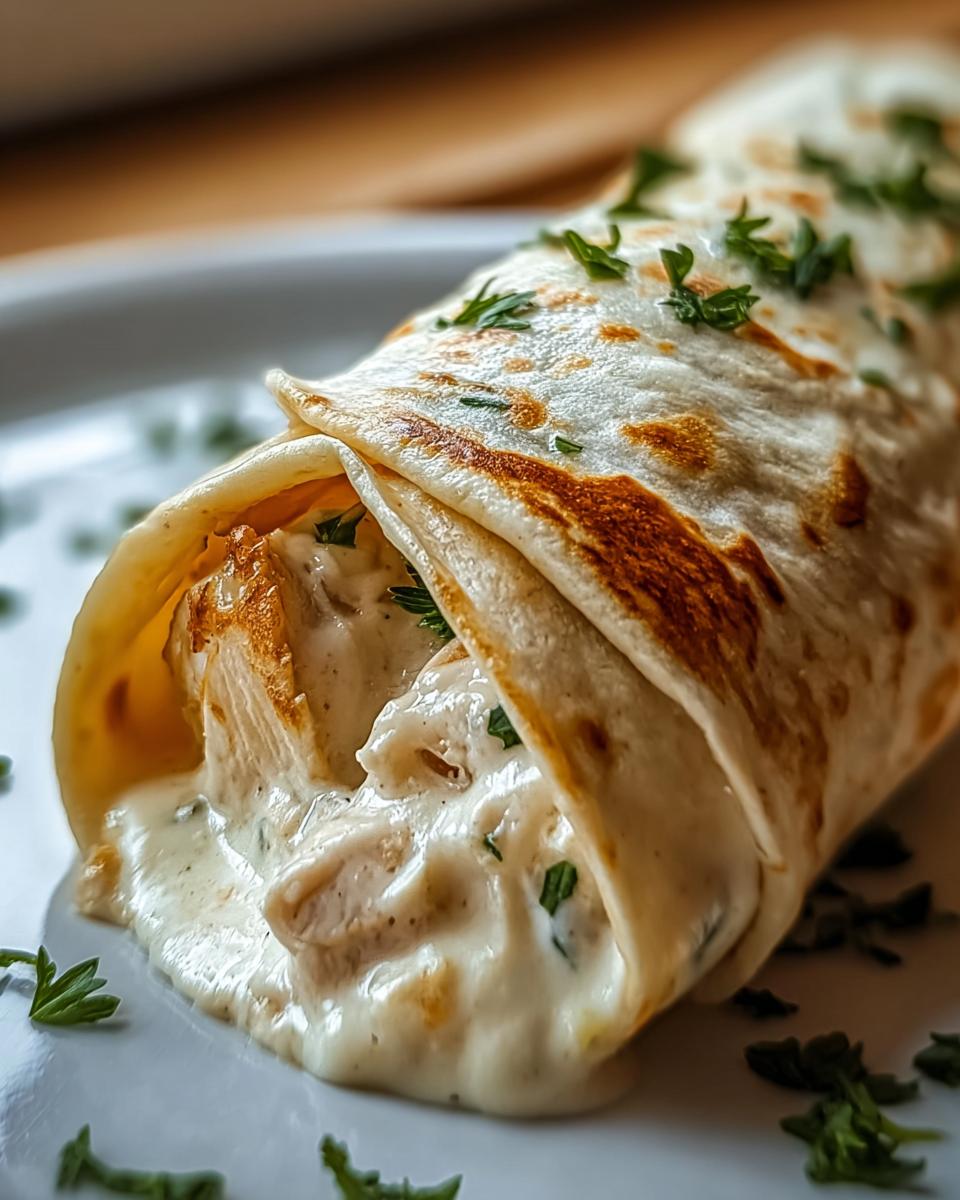 A close-up of a Creamy Alfredo Garlic Chicken Wrap, showing tender chicken in rich alfredo sauce spilling out, garnished with parsley.