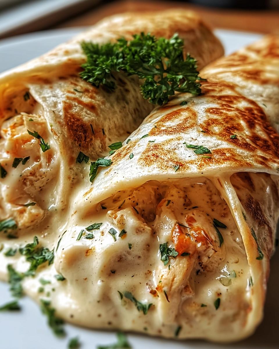 Close-up of two Creamy Alfredo Garlic Chicken Wraps, generously filled with chicken and Alfredo sauce, garnished with parsley.