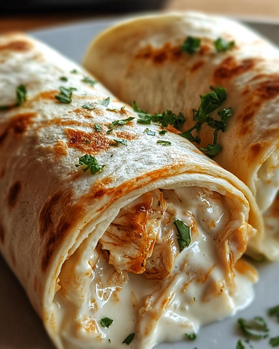 Close-up of two Creamy Alfredo Garlic Chicken Wraps, showing shredded chicken and rich alfredo sauce spilling out, garnished with parsley.