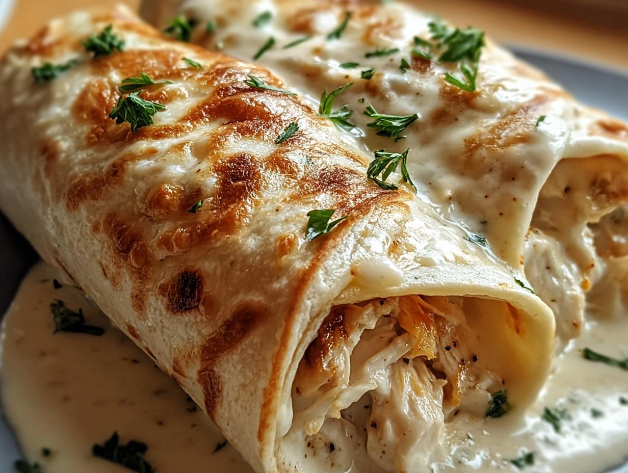 Close-up of two Creamy Alfredo Garlic Chicken Wraps, drizzled with sauce and garnished with parsley.