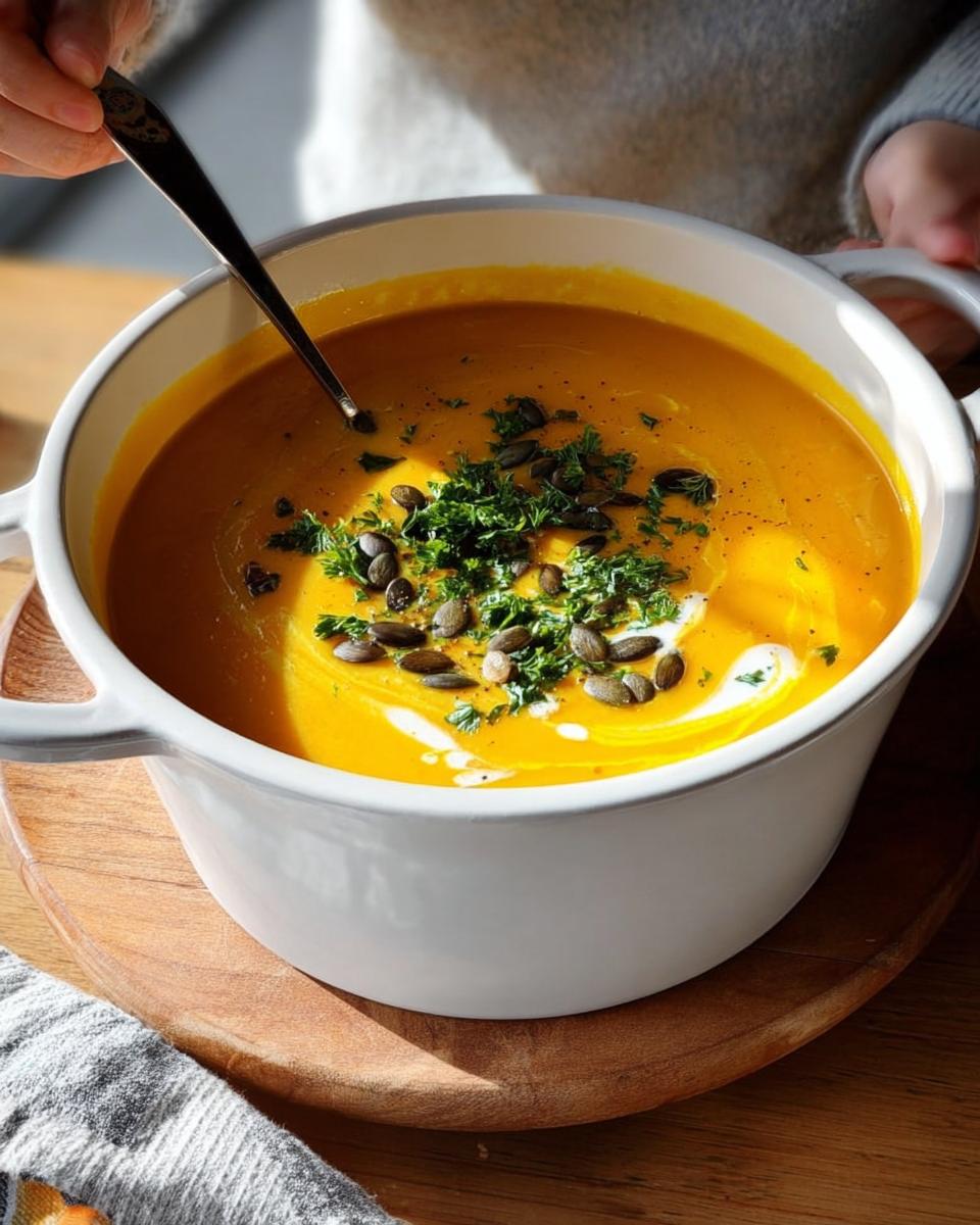 A close-up of a white pot filled with vibrant, creamy butternut squash soup, garnished with pumpkin seeds and fresh parsley.