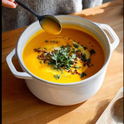 A spoonful of creamy butternut squash soup being drizzled into a white pot, garnished with cream, parsley, and seeds.