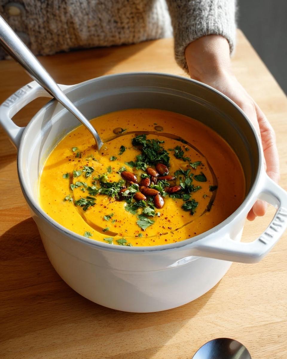 A white pot filled with creamy butternut squash soup, garnished with herbs, nuts, and oil.