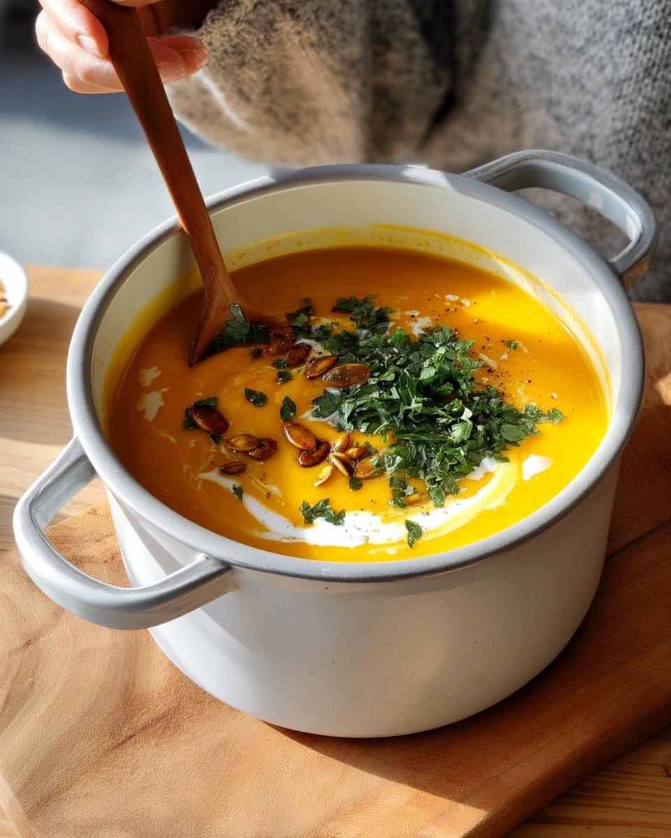A pot of creamy butternut squash soup topped with herbs, pumpkin seeds, and a swirl of cream.