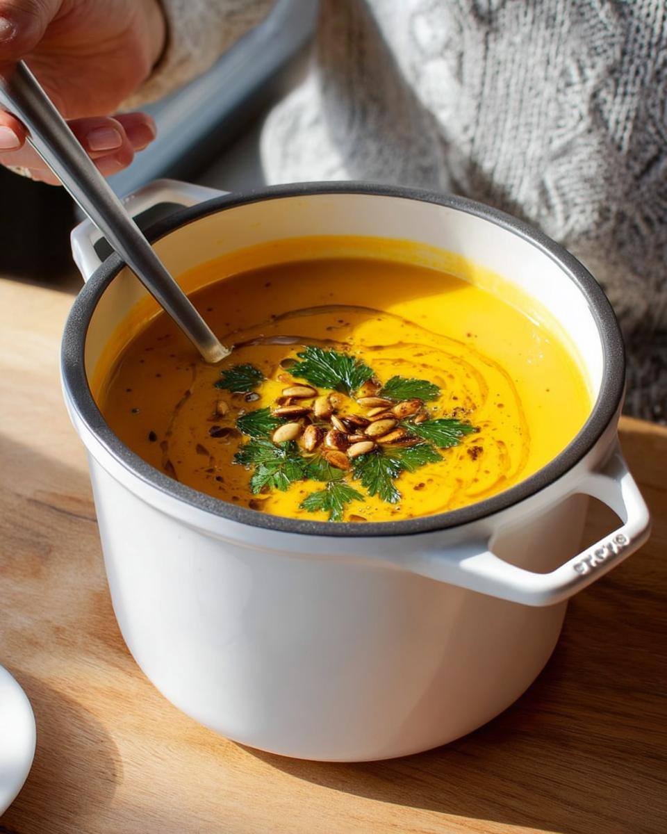A white pot filled with creamy butternut squash soup, garnished with toasted pumpkin seeds and parsley.