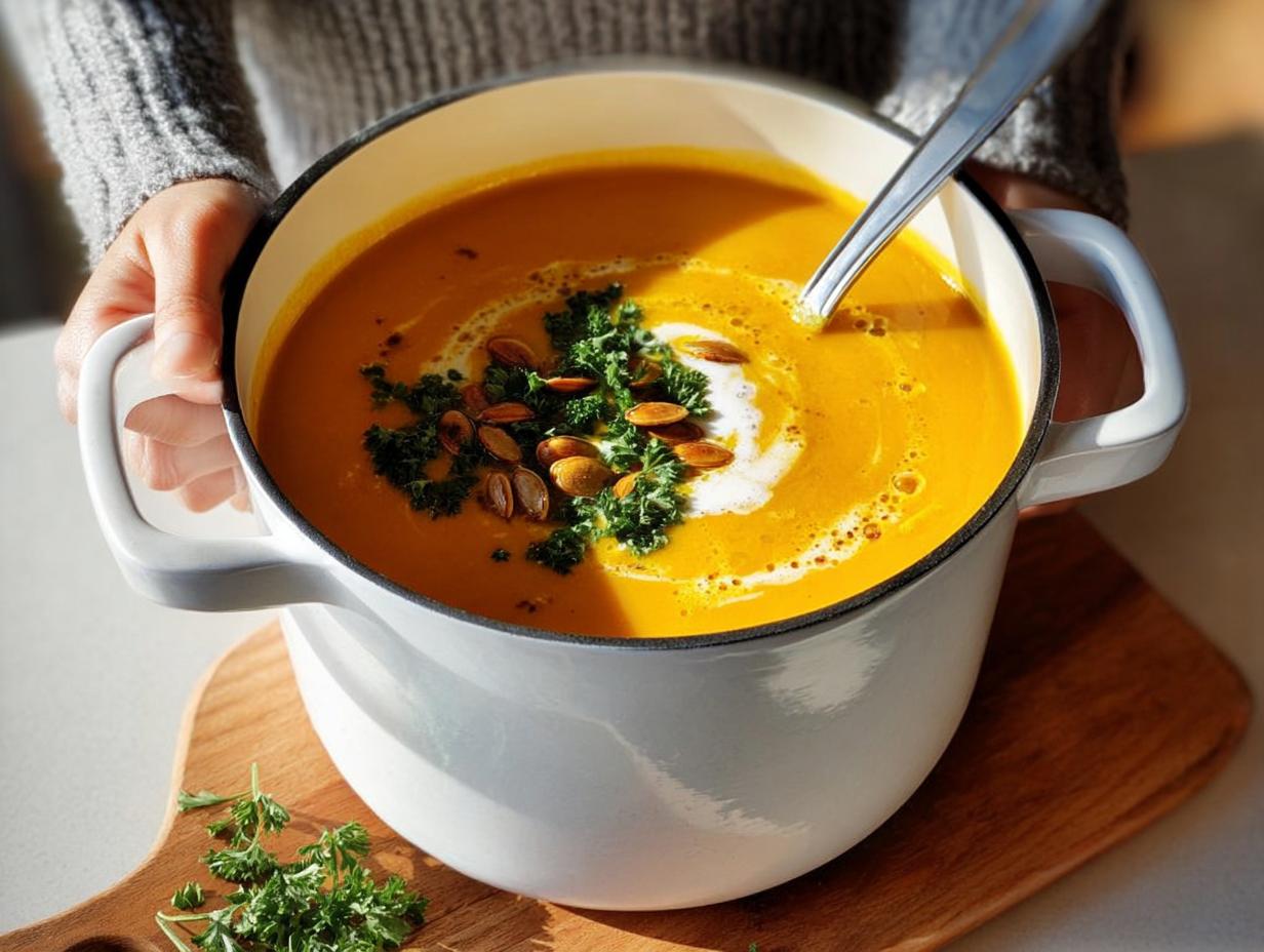 A white pot filled with vibrant, creamy butternut squash soup, garnished with a swirl of cream, pumpkin seeds, and fresh parsley.