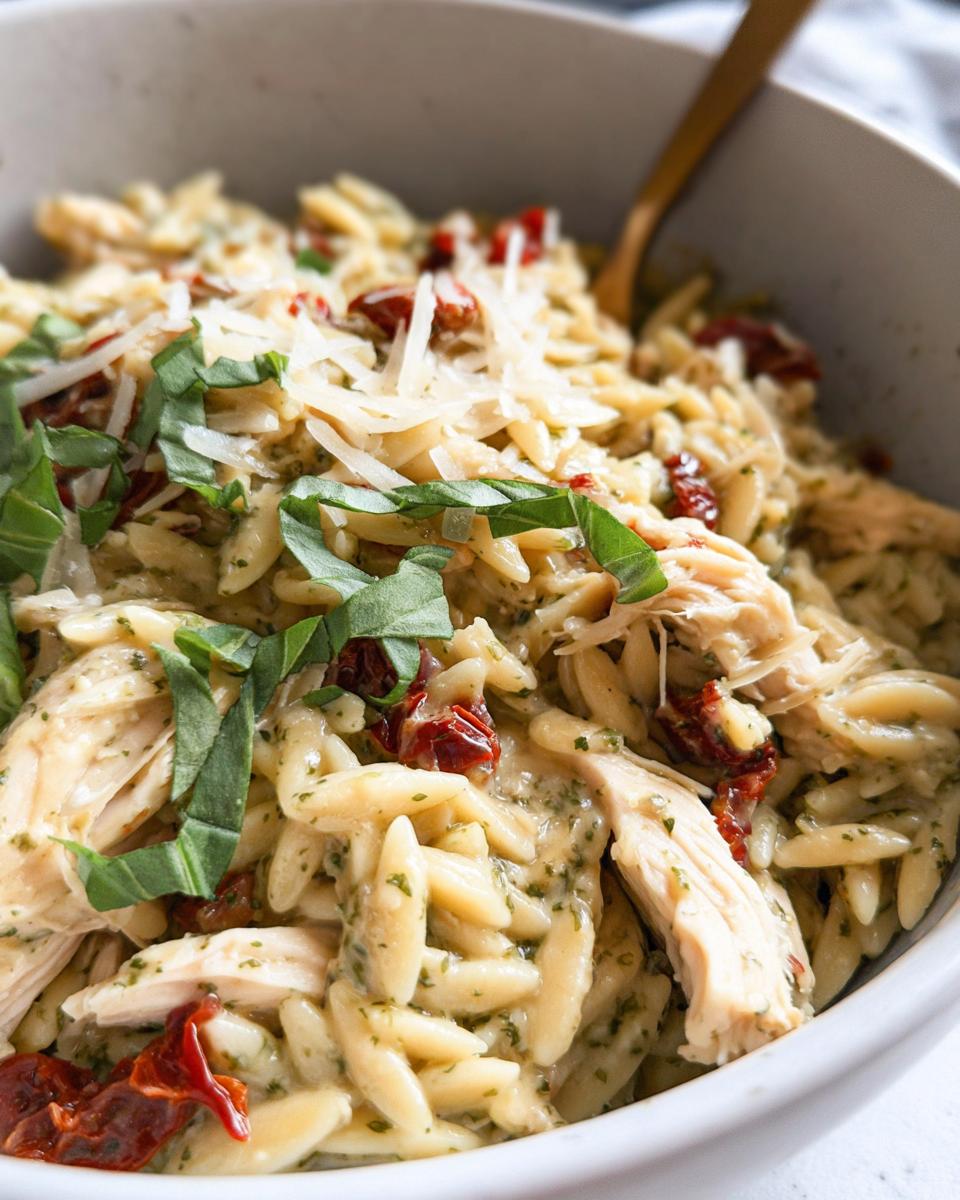 Close-up of Creamy Pesto Orzo with Sun-Dried Tomatoes, topped with shredded chicken, Parmesan cheese, and fresh basil.