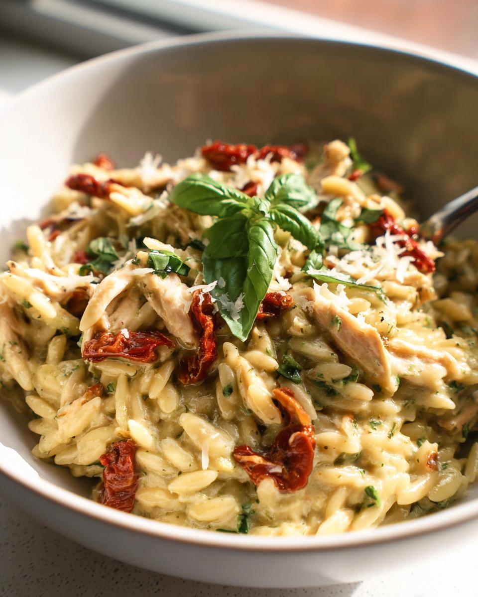 A close-up of Creamy Pesto Orzo with Sun-Dried Tomatoes, garnished with basil and Parmesan cheese.