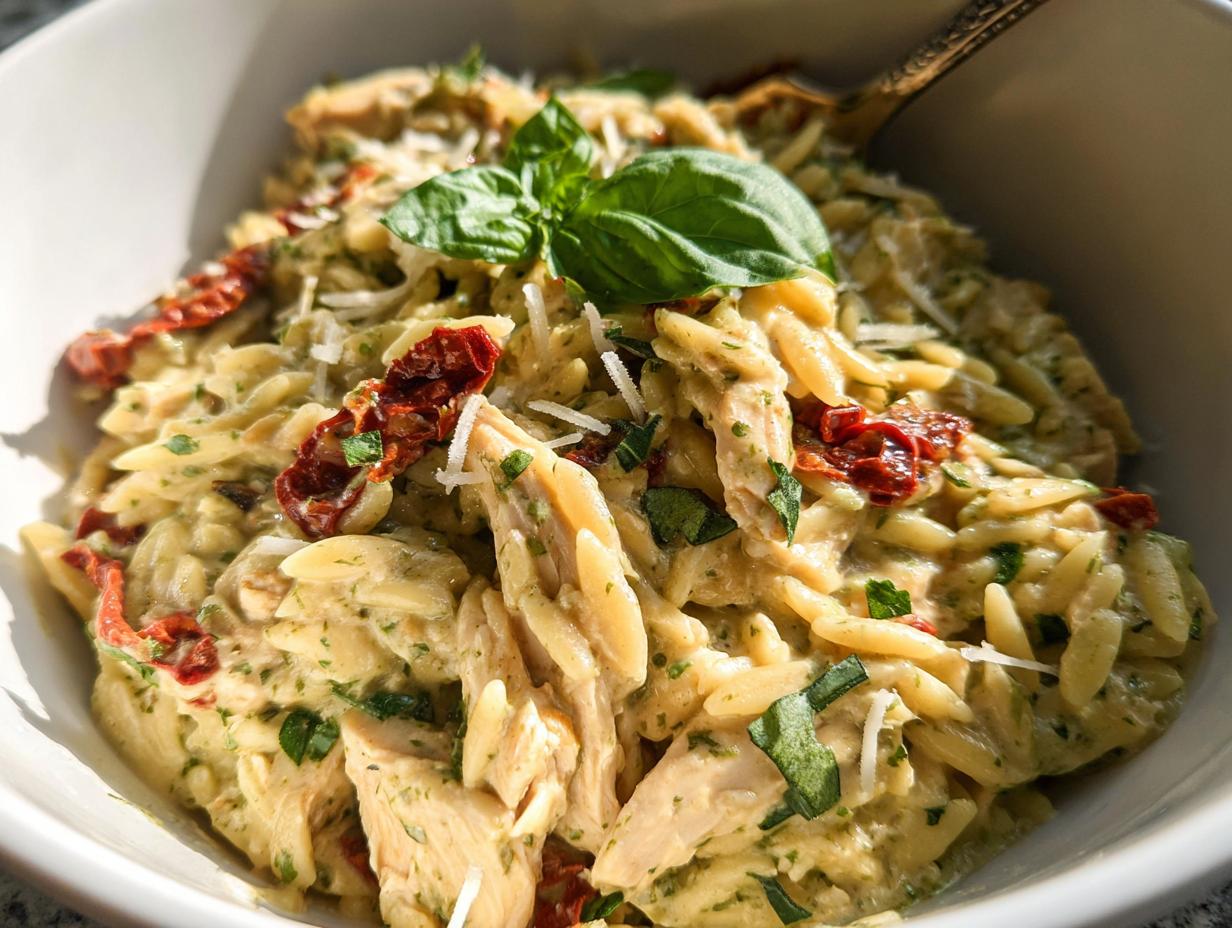 A close-up of Creamy Pesto Orzo with Sun-Dried Tomatoes, garnished with fresh basil and parmesan cheese.
