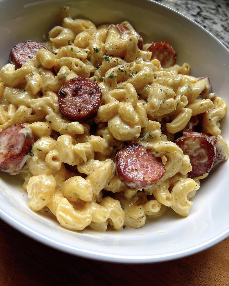 A close-up of Creamy Ranch Potato Pasta with Smoked Sausage, featuring elbow macaroni coated in rich sauce and topped with sliced sausage.