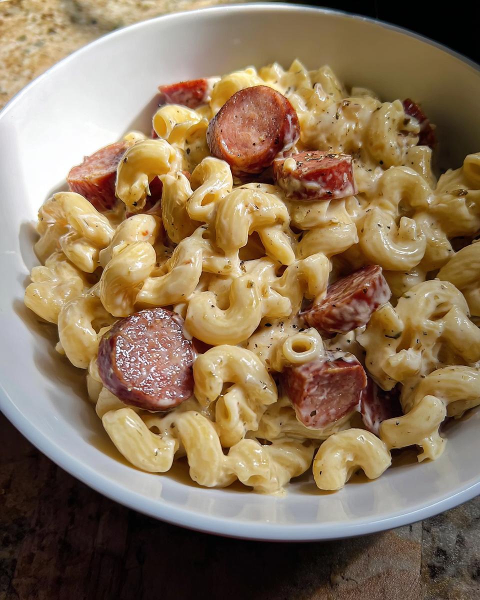 A bowl of Creamy Ranch Potato Pasta with Smoked Sausage, featuring elbow macaroni coated in a rich sauce and topped with sliced sausage.