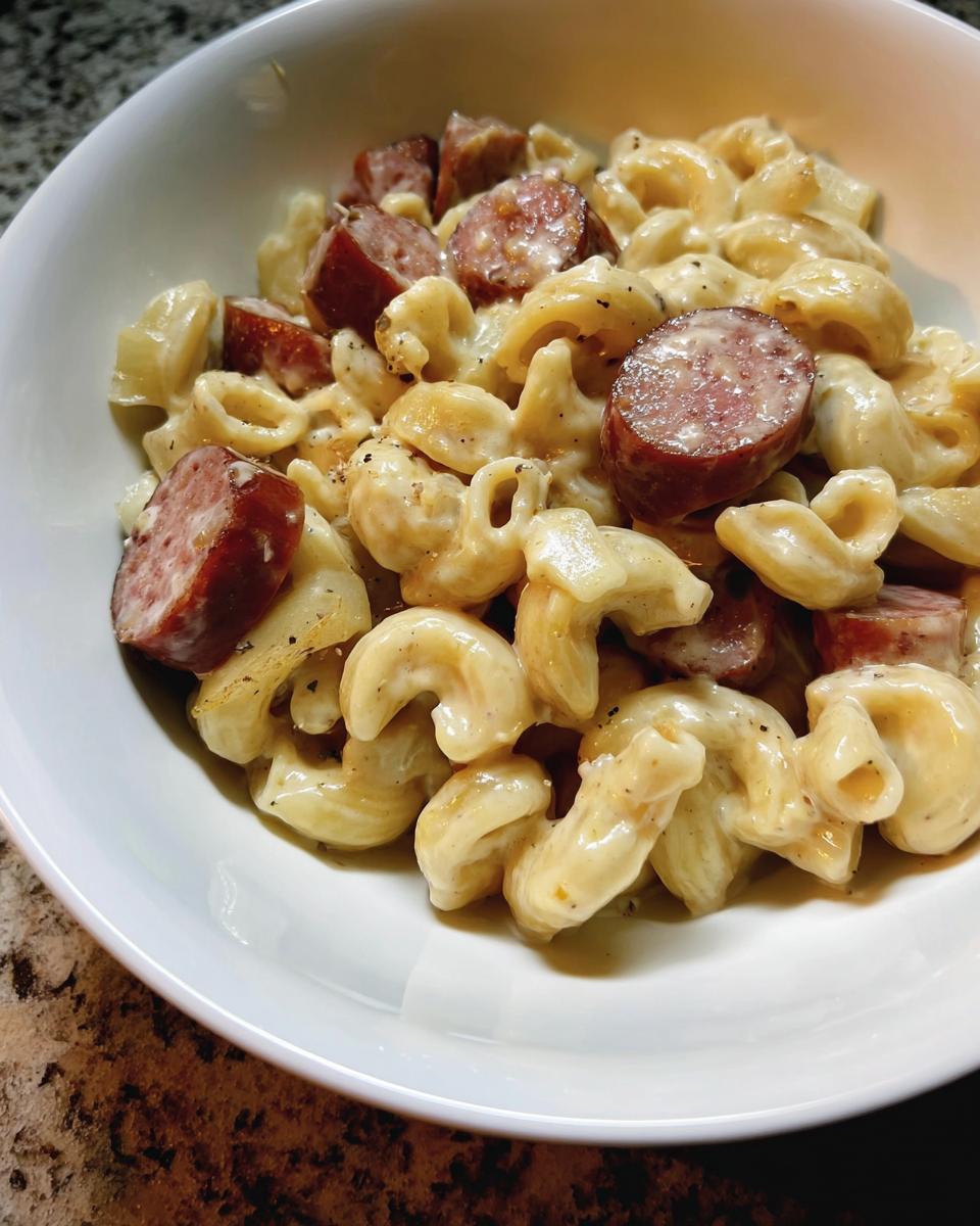 A bowl of Creamy Ranch Potato Pasta with Smoked Sausage, featuring elbow macaroni coated in a rich sauce and topped with sliced sausage.