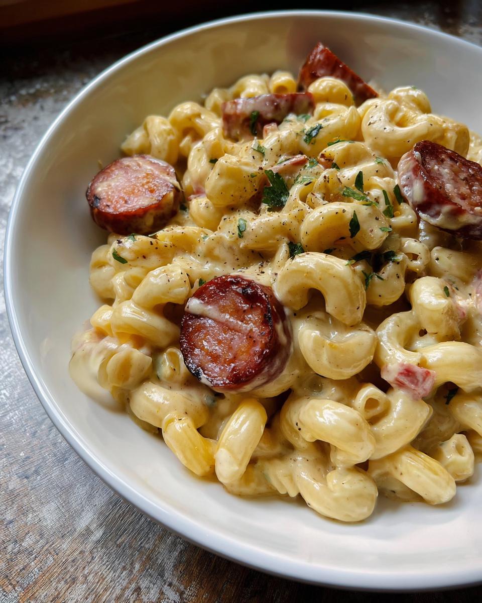 A bowl of Creamy Ranch Potato Pasta with Smoked Sausage, garnished with parsley and black pepper.