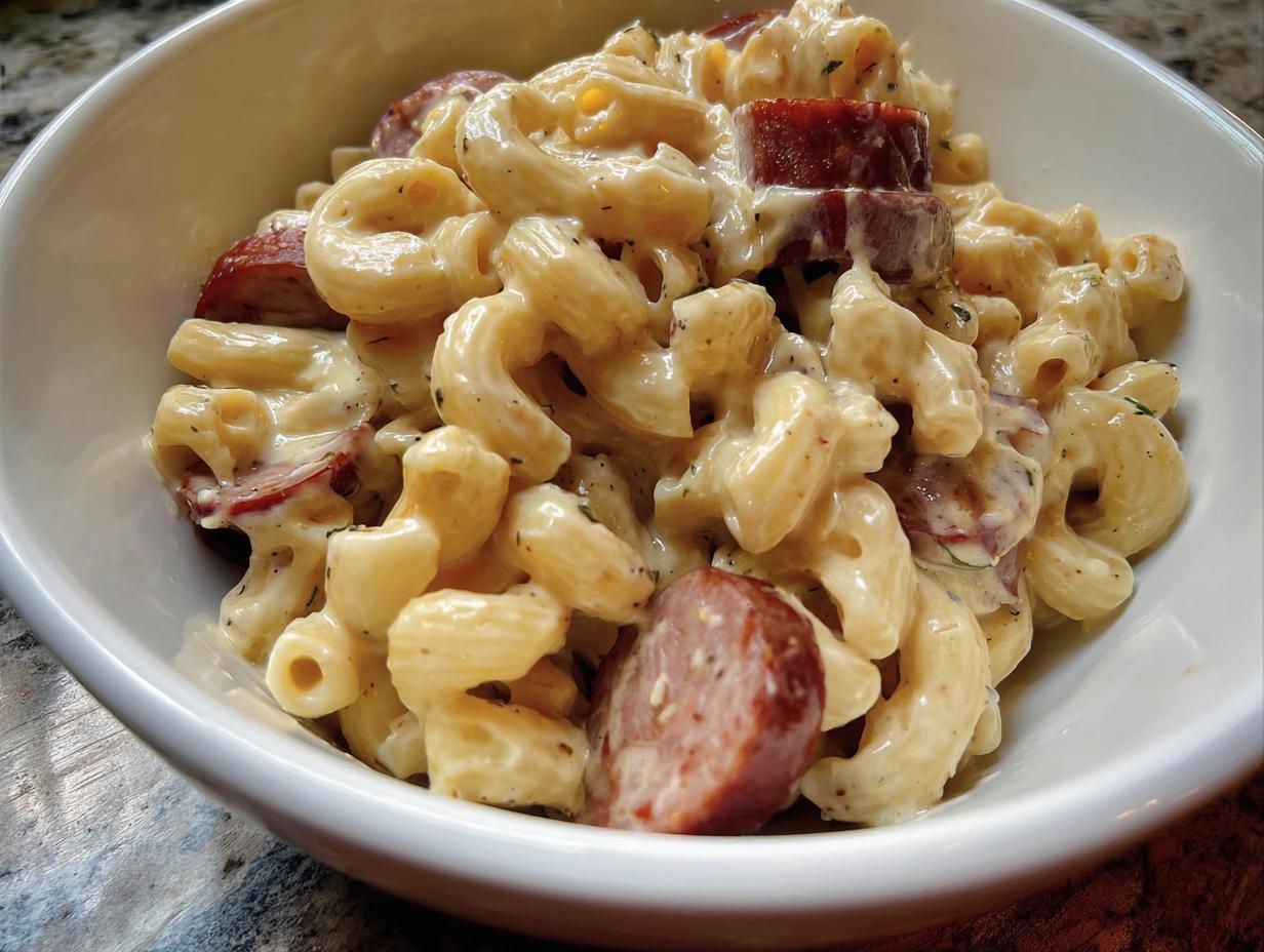 A bowl of Creamy Ranch Potato Pasta with Smoked Sausage, coated in a rich sauce and garnished with herbs.