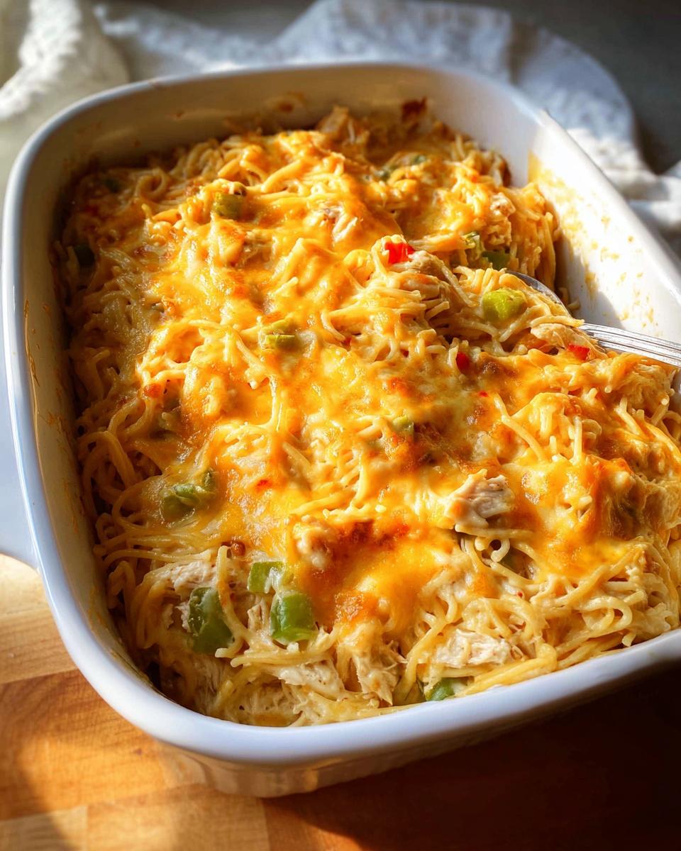 A close-up of a Creamy Southern Chicken Spaghetti Casserole baked in a white dish, topped with melted cheese and visible pieces of chicken and green peppers.