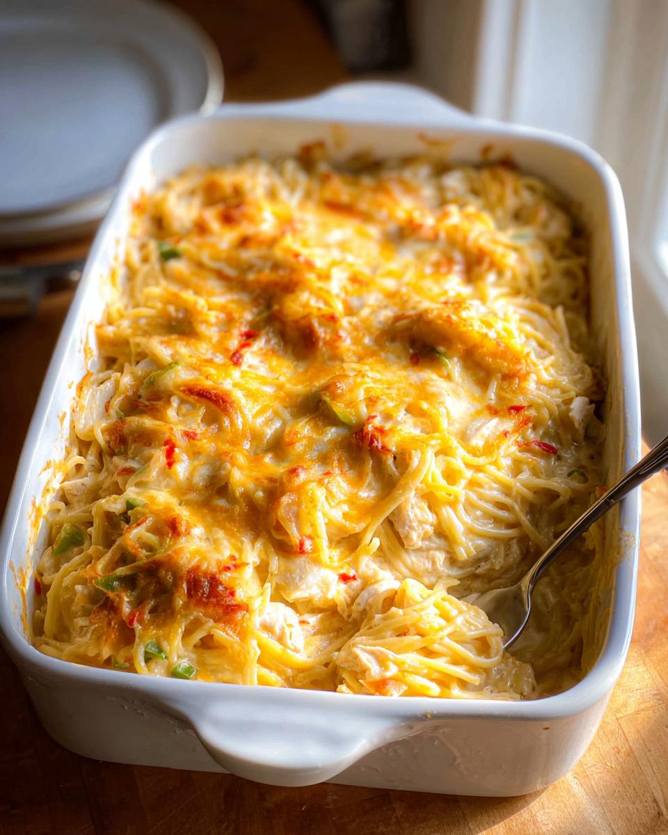 A close-up of a white baking dish filled with Creamy Southern Chicken Spaghetti Casserole, topped with melted golden cheese.
