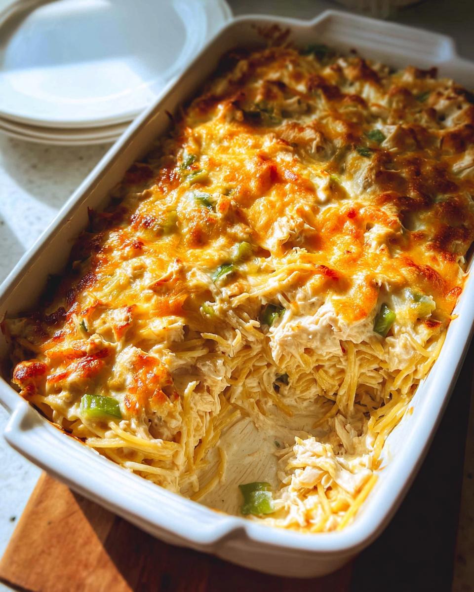 A close-up of a baked Creamy Southern Chicken Spaghetti Casserole in a white dish, with a scoop removed showing the cheesy pasta and chicken.